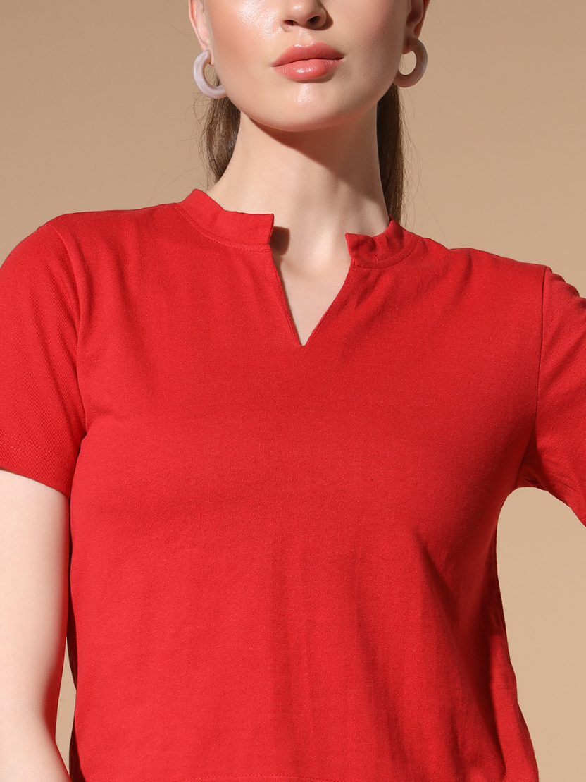 Sthula's Red Cotton V-Neck Crop Top for Women