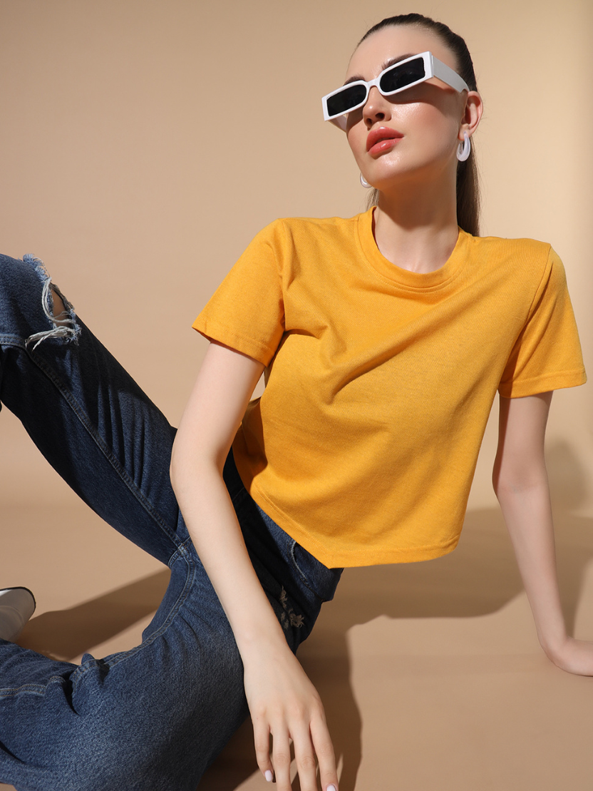 Sthula's Yellow Cotton V-Style T-Shirt for Women