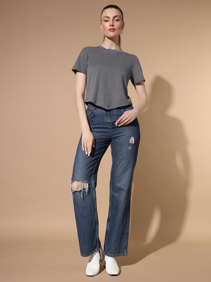 Sthula's Grey Cotton V-Style T-Shirt for Women