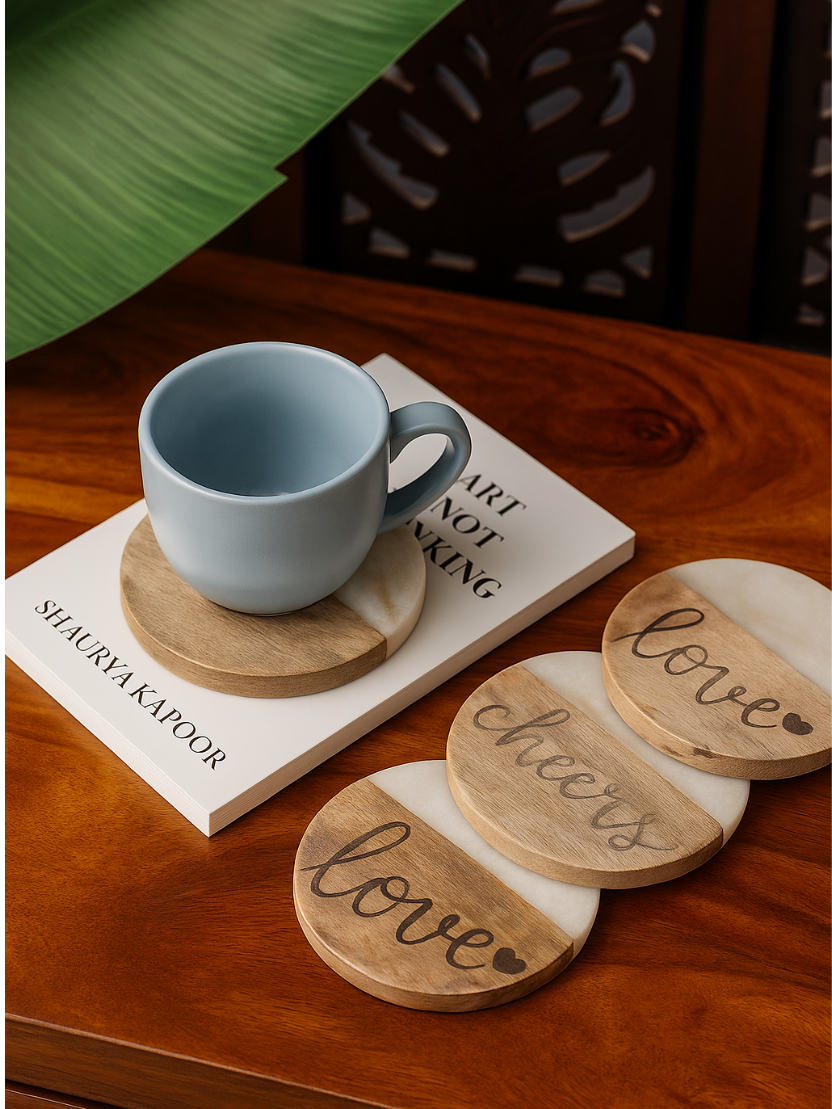 Sthula's Handcrafted Brown Wooden Marble Coaster Set