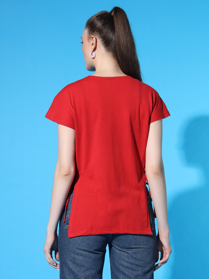 Sthula's Women Red Solid Cotton Side Cut Top