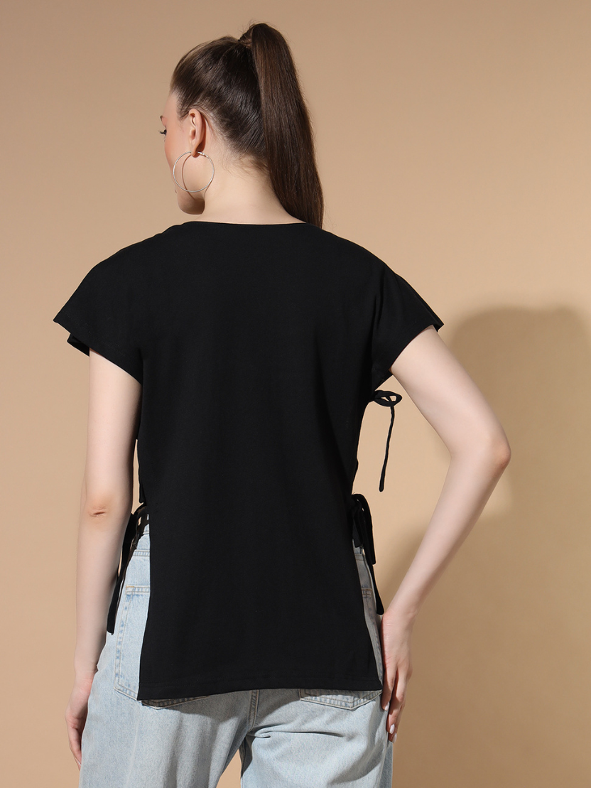 Sthula's Women Black Solid Cotton Side Cut Top