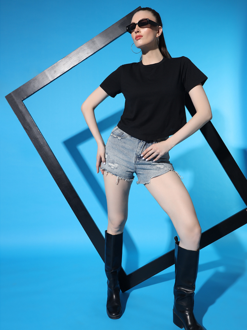 Sthula's Black V-Style Cotton T-Shirt for Women