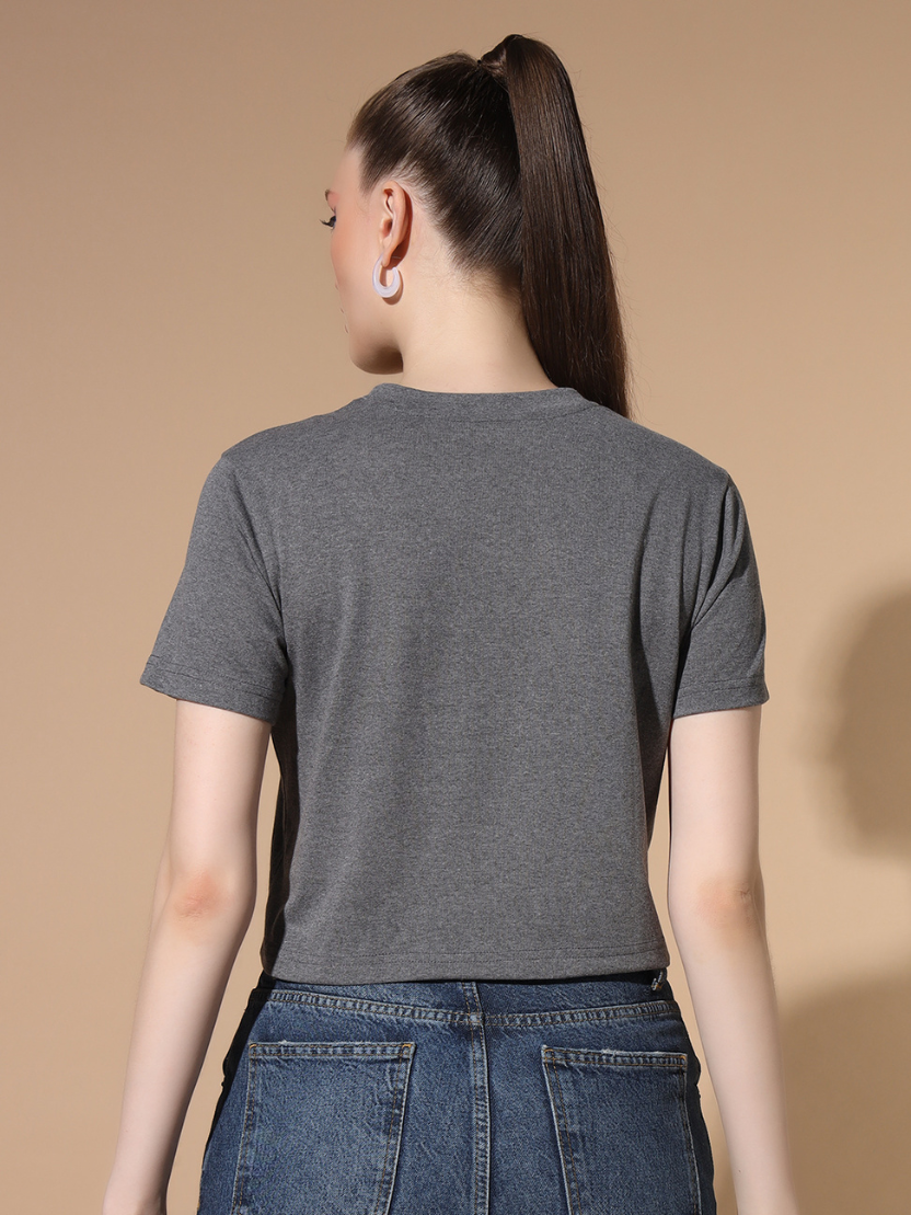 Sthula's Grey Cotton V-Style T-Shirt for Women