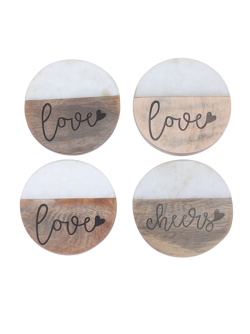 Sthula's Handcrafted Brown Wooden Marble Coaster Set