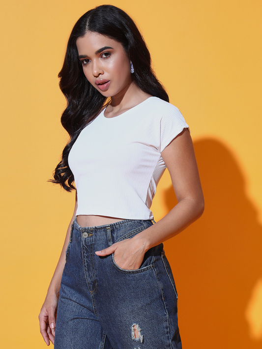 Sthula's Women White lining Solid Cotton Crop Top