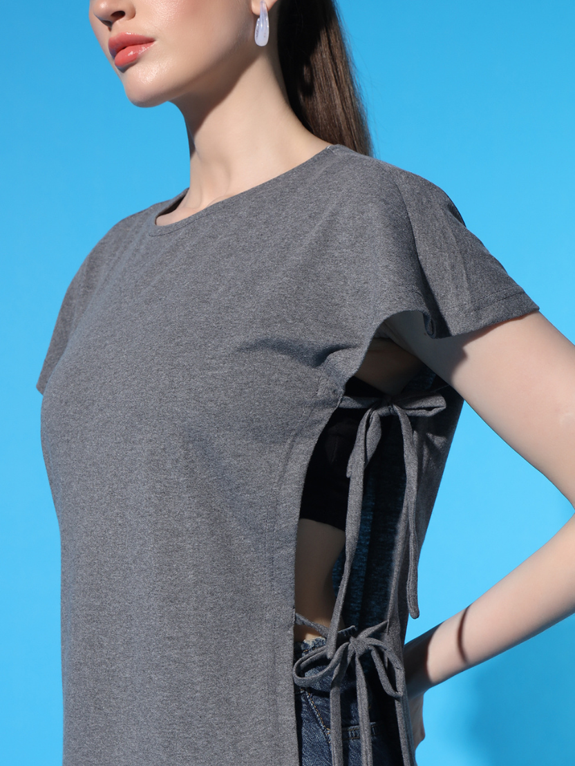 Sthula's Women Grey Solid Cotton Side Cut Top