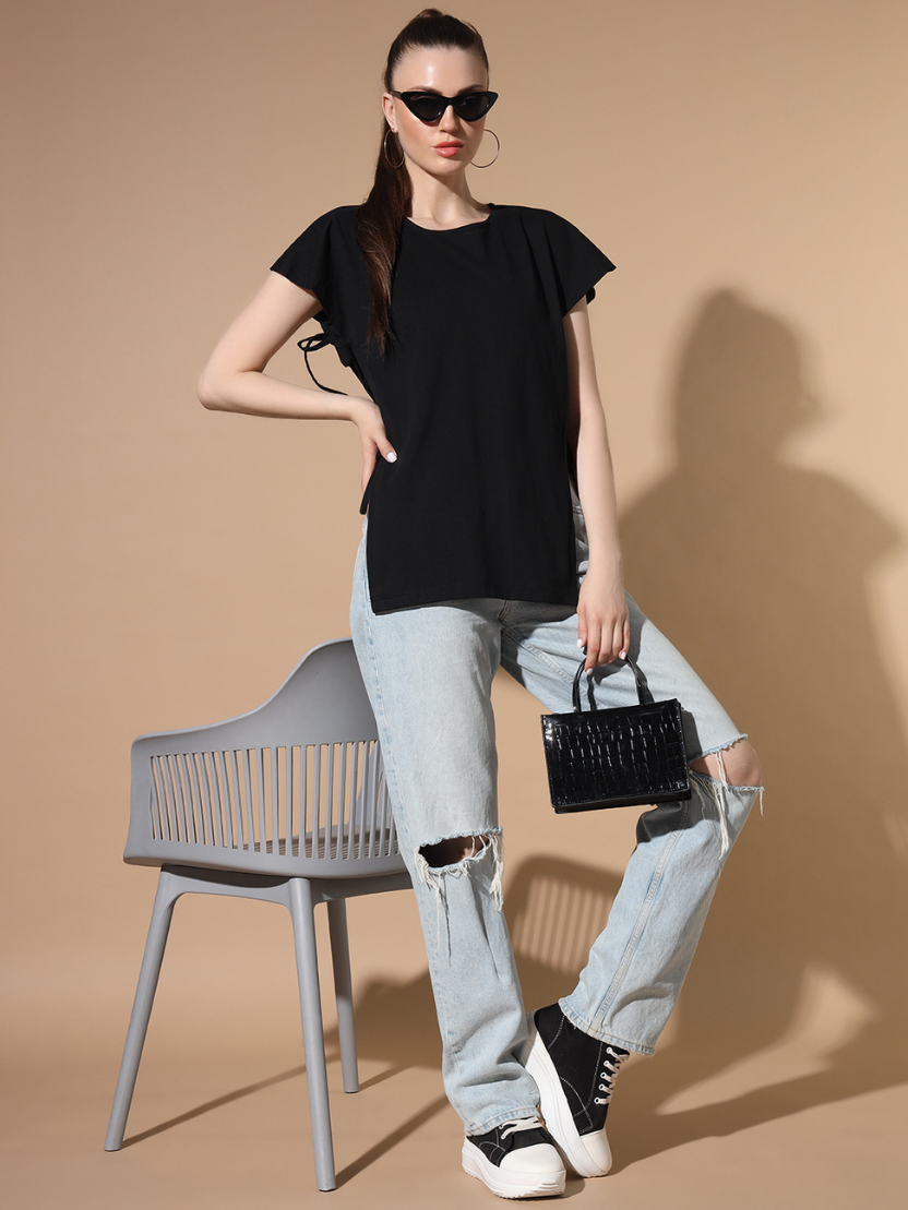 Sthula's Women Black Solid Cotton Side Cut Top