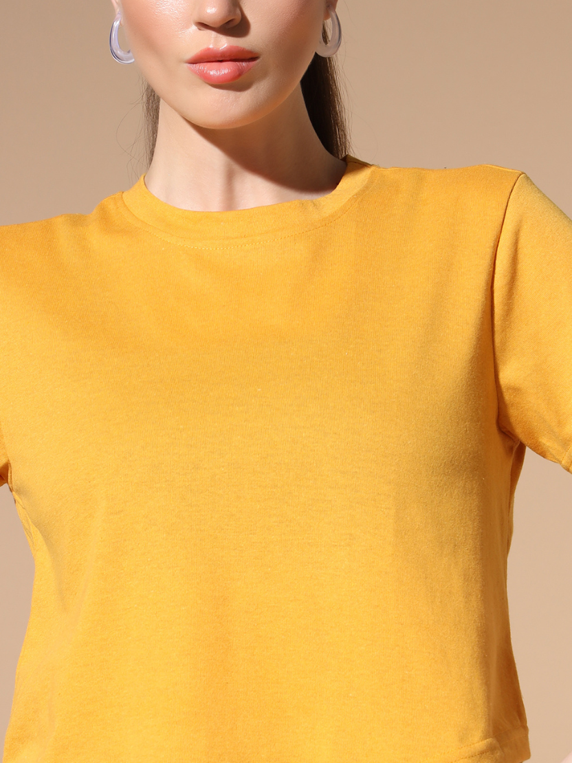 Sthula's Yellow Cotton V-Style T-Shirt for Women