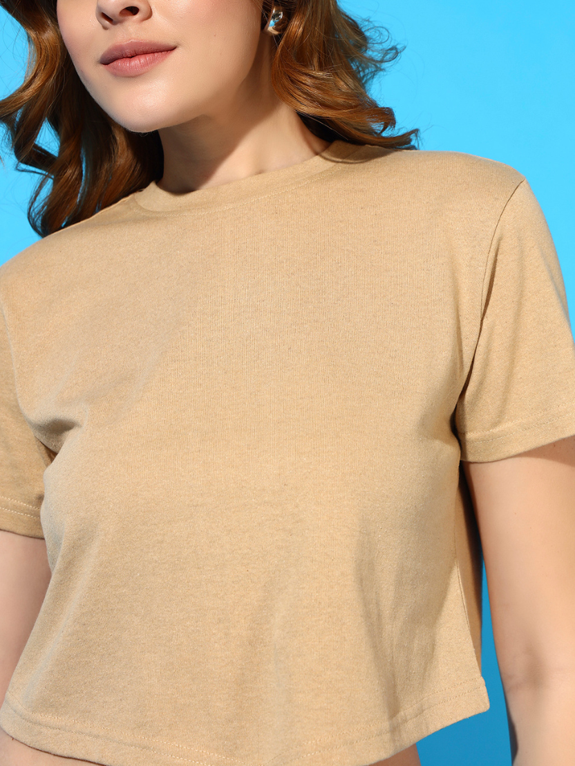 Sthula's cream Cotton V-Style T-Shirt for Women