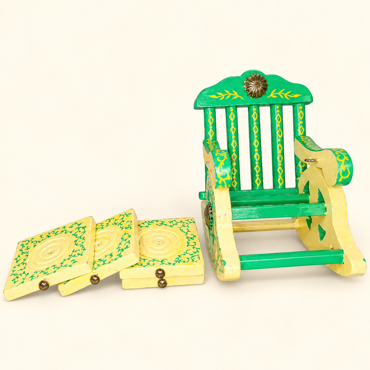 Sthula's Mint Green Cream Wooden Chair Coaster Set