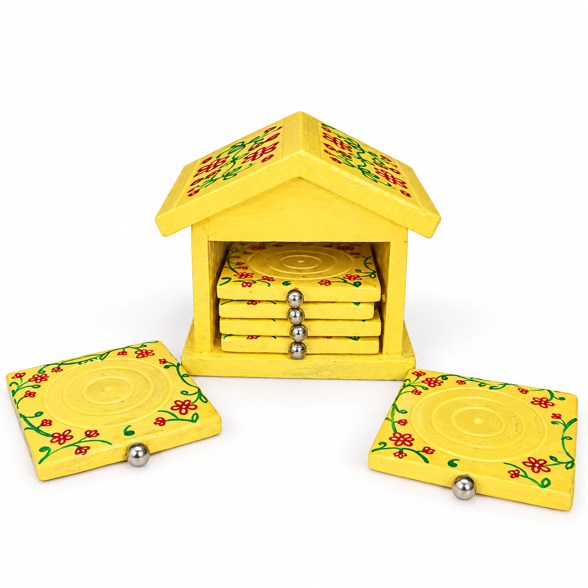 Sthula's Yellow Wooden Floral Tea Hut Coaster Set