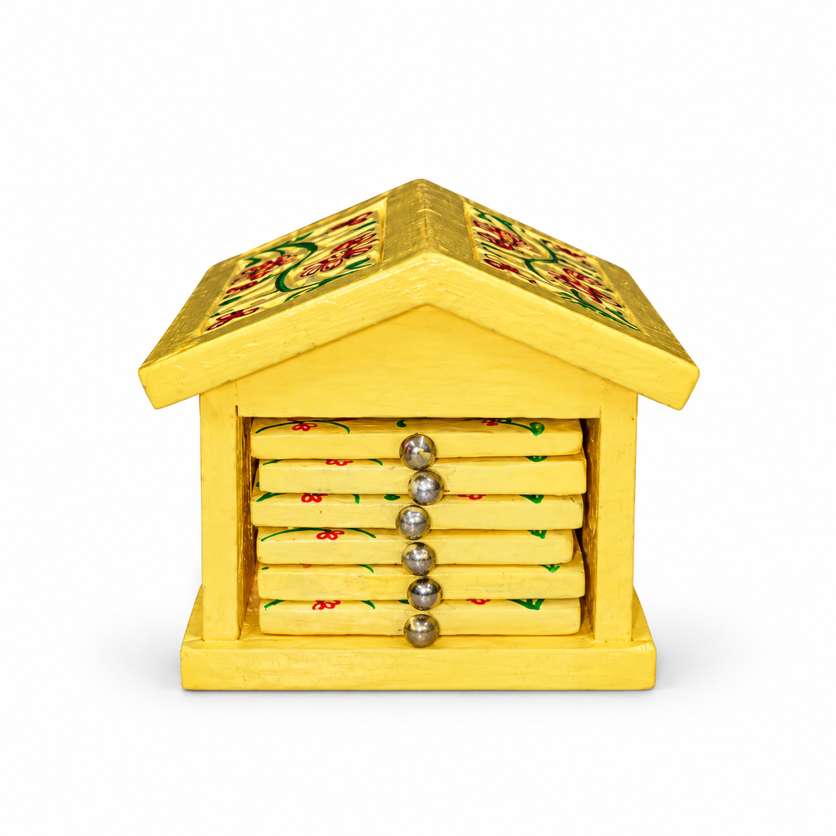 Sthula's Yellow Wooden Floral Tea Hut Coaster Set