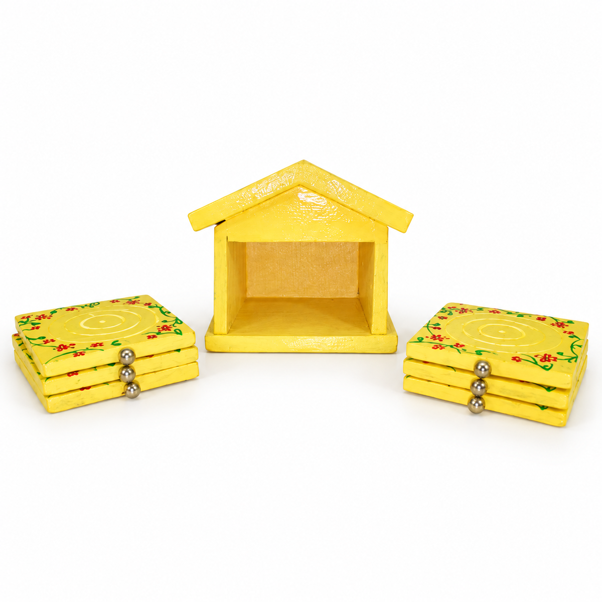 Sthula's Yellow Wooden Floral Tea Hut Coaster Set