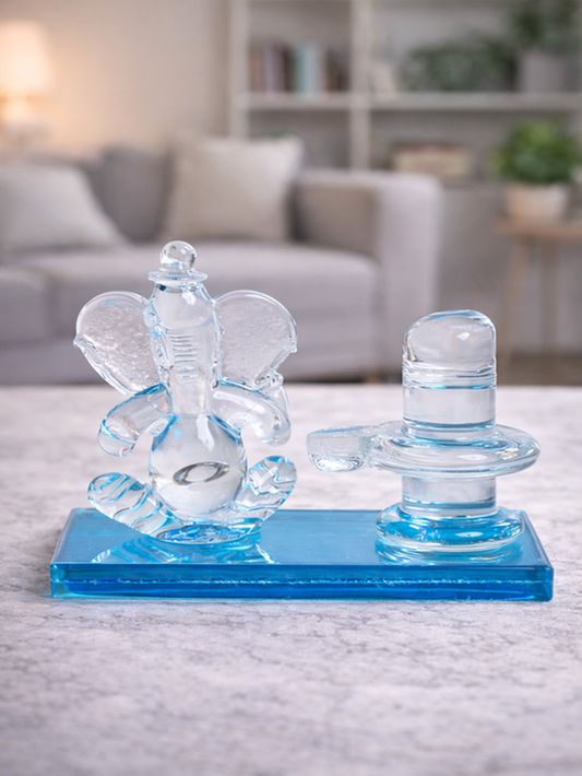 Sthula's Handcrafted Crystal Glass Shivling & Ganesh Idol Set on Blue Base