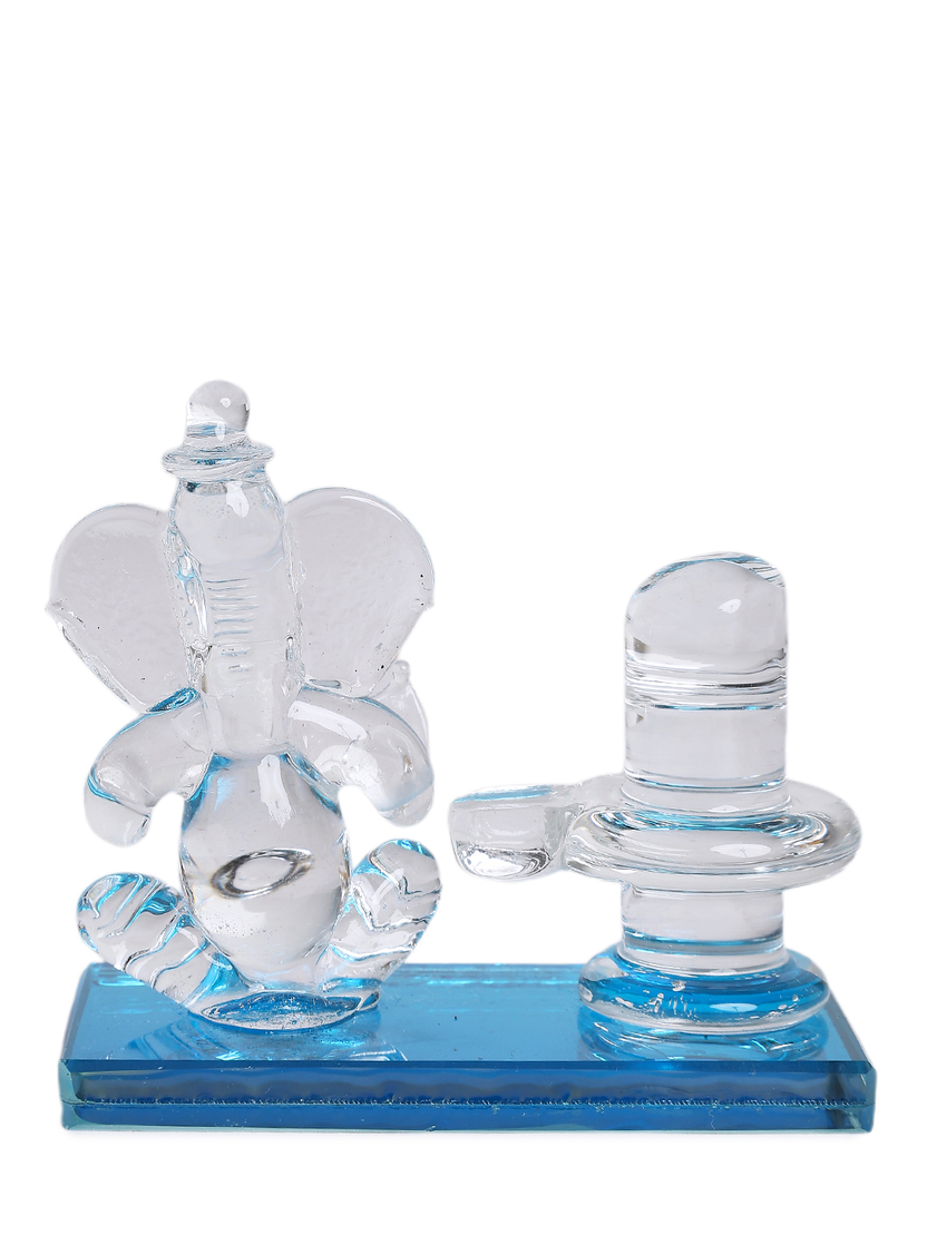 Sthula's Handcrafted Crystal Glass Shivling & Ganesh Idol Set on Blue Base