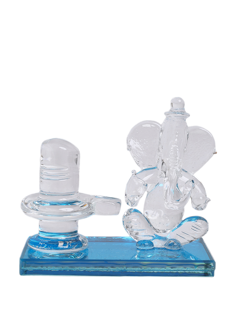 Sthula's Handcrafted Crystal Glass Shivling & Ganesh Idol Set on Blue Base